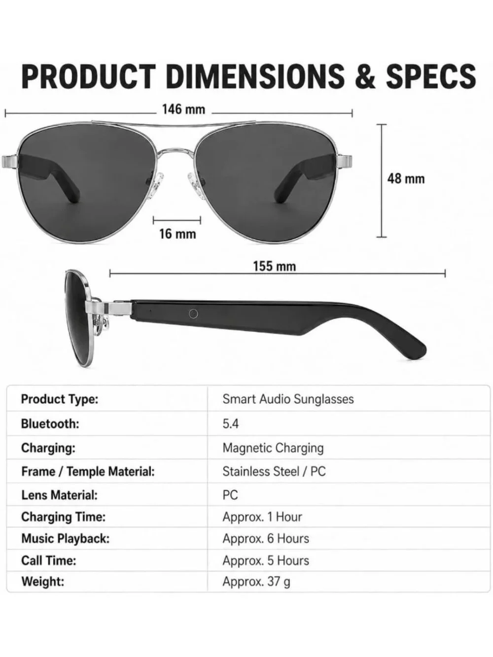 Stylish Bluetooth Audio Sunglasses with UV Protection, Anti-Blue Light Lenses